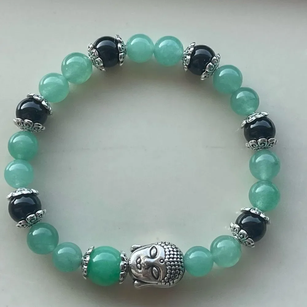 Green aventurine jade obsidian Buddha ONE stretch beaded bracelet NEW reiki medi